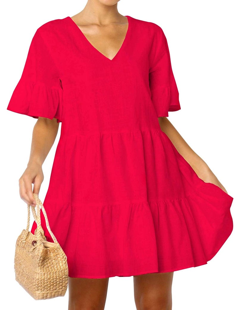 FANCYINN Womenâ€™s Red Cute Shift Tunic Dress Short Bell Sleeve V Neck Causal Swing Red Ruffle Mini Dress with Pockets L - Image 3
